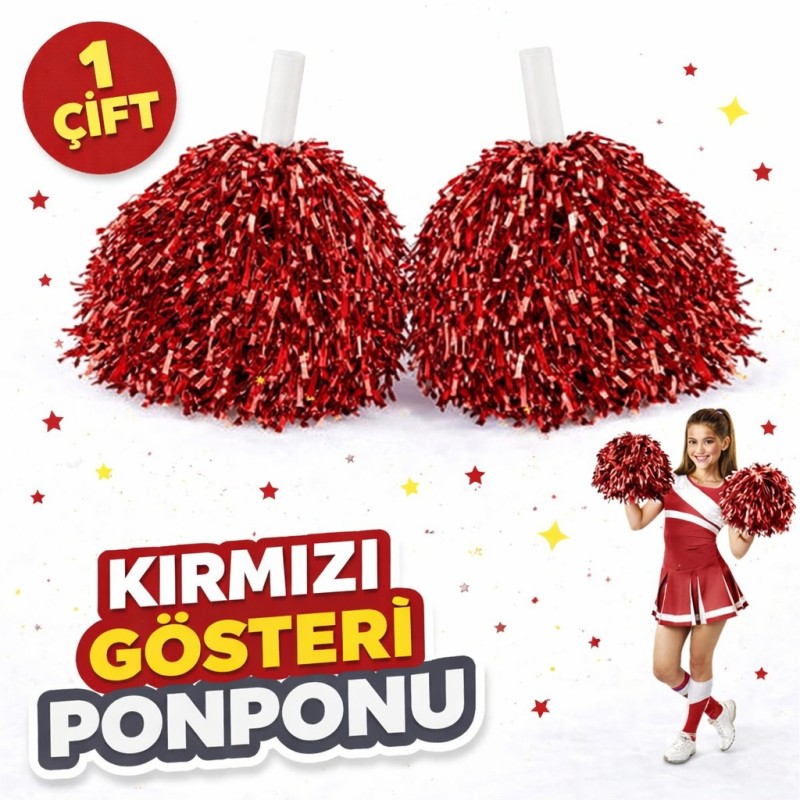 1 Çift Kırmızı Okul Gösteri Ponponları Ekstra Dolgun