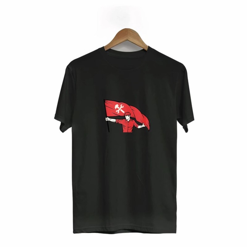 1 Mayıs Emek ve Dayanışma Bayraklı Emekçi Baskılı Bisiklet Yaka T-shirt - Siyah