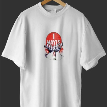 1 Mayıs Emek ve Dayanışma Günü Baskılı Oversize Bisiklet Yaka T-shirt - Beyaz