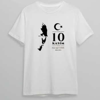 10 Kasım Atatürk Anma Günü Silüet Baskılı Oversize Bisiklet Yaka T-shirt - Beyaz