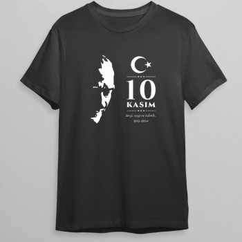 10 Kasım Atatürk Anma Günü Silüet Baskılı Oversize Bisiklet Yaka T-shirt - Siyah