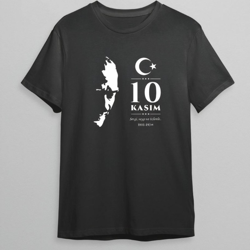10 Kasım Atatürk Anma Günü Silüet Baskılı Oversize Bisiklet Yaka T-shirt - Siyah
