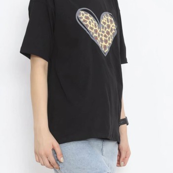 14 Şubat Sevgililer Günü Leopar Kalp Baskılı Oversize Bisiklet Yaka T-shirt - Siyah