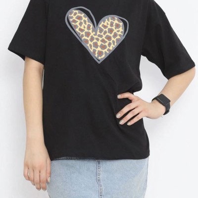 14 Şubat Sevgililer Günü Leopar Kalp Baskılı Oversize Bisiklet Yaka T-shirt - Siyah