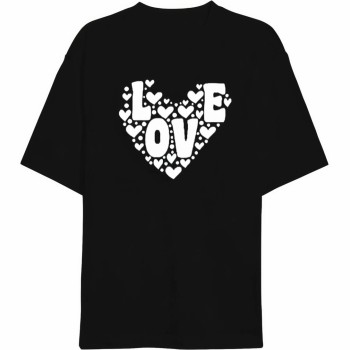 14 Şubat Sevgililer Günü Love Kalp Baskılı Oversize Bisiklet Yaka T-shirt - Siyah