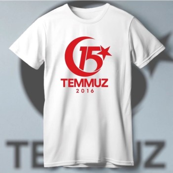 15 Temmuz Demokrasi ve Milli Birlik 2016 Anma Baskılı Bisiklet Yaka T-shirt - Beyaz