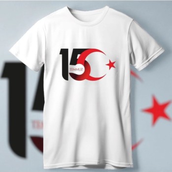 15 Temmuz Demokrasi ve Milli Birlik Günü Ay Yıldız Baskılı T-shirt - Beyaz