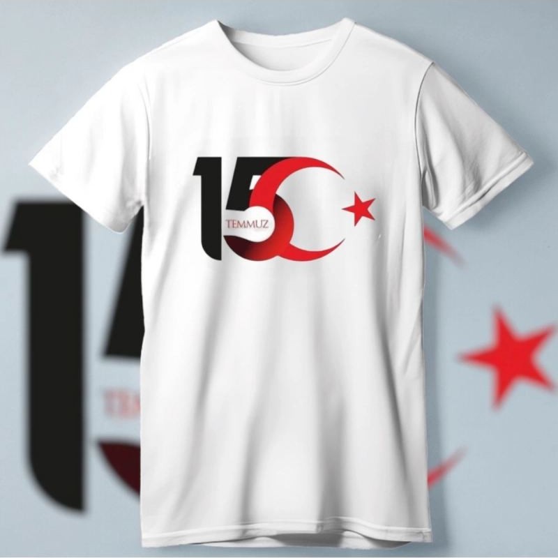 15 Temmuz Demokrasi ve Milli Birlik Günü Ay Yıldız Baskılı T-shirt - Beyaz