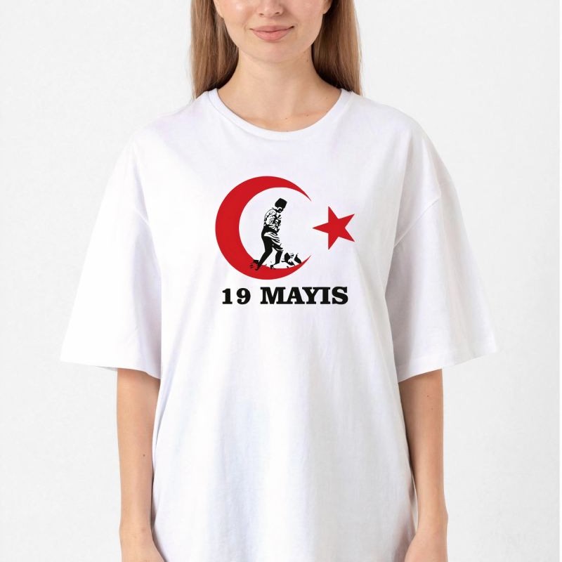19 Mayıs Atatürk Gençlik Spor Bayramı Baskılı Bisiklet Yaka T-shirt - Beyaz