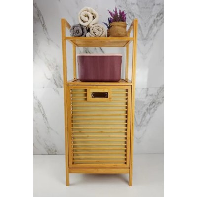 2 Organizer Raflı Ahşap Bambu Çek-Aç Kirli Sepeti