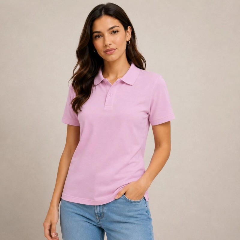 2'li Kadın Polo Yaka Pike Kumaş Düğmeli Basic Tişört Günlük Rahat Kesim - Beyaz, Pembe