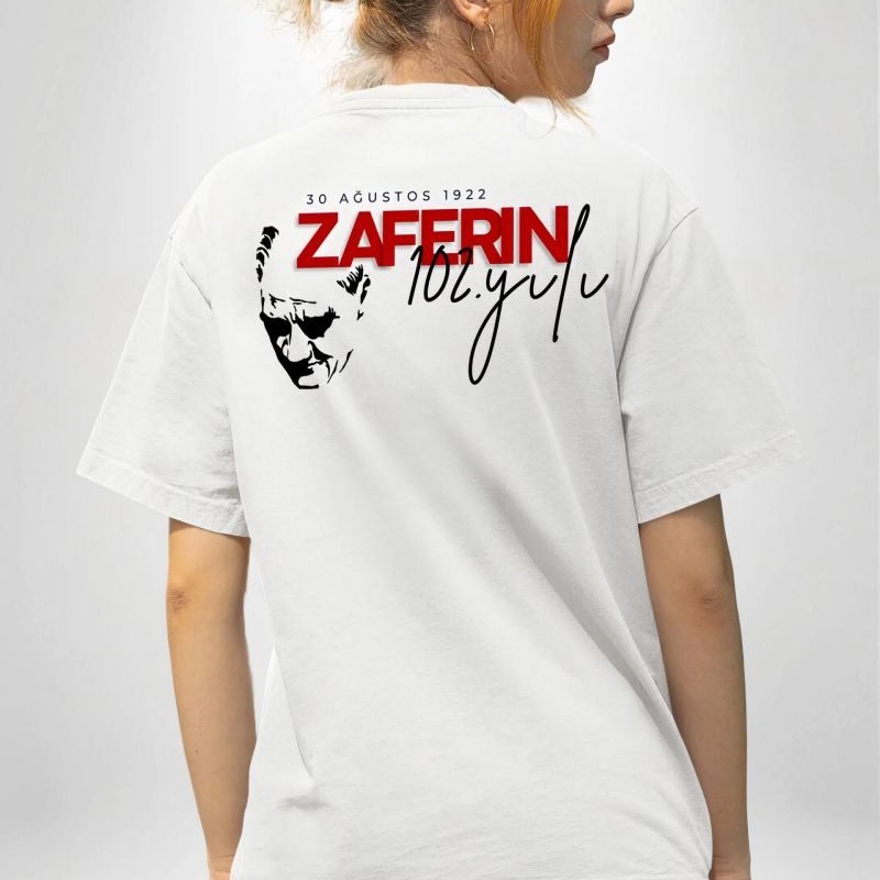 30 Ağustos Zafer Bayramı Atatürk Temalı Oversize Bisiklet Yaka T-shirt - Beyaz