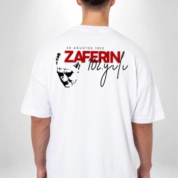30 Ağustos Zafer Bayramı Ön Arka Baskılı Oversize Bisiklet Yaka T-shirt - Beyaz