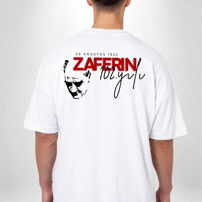 30 Ağustos Zafer Bayramı Ön Arka Baskılı Oversize Bisiklet Yaka T-shirt - Beyaz