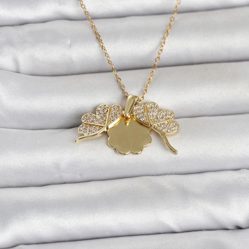 316L Çelik Gold Renk Açılabilir Yonca Model Zirkon Taşlı Kadın Kolye