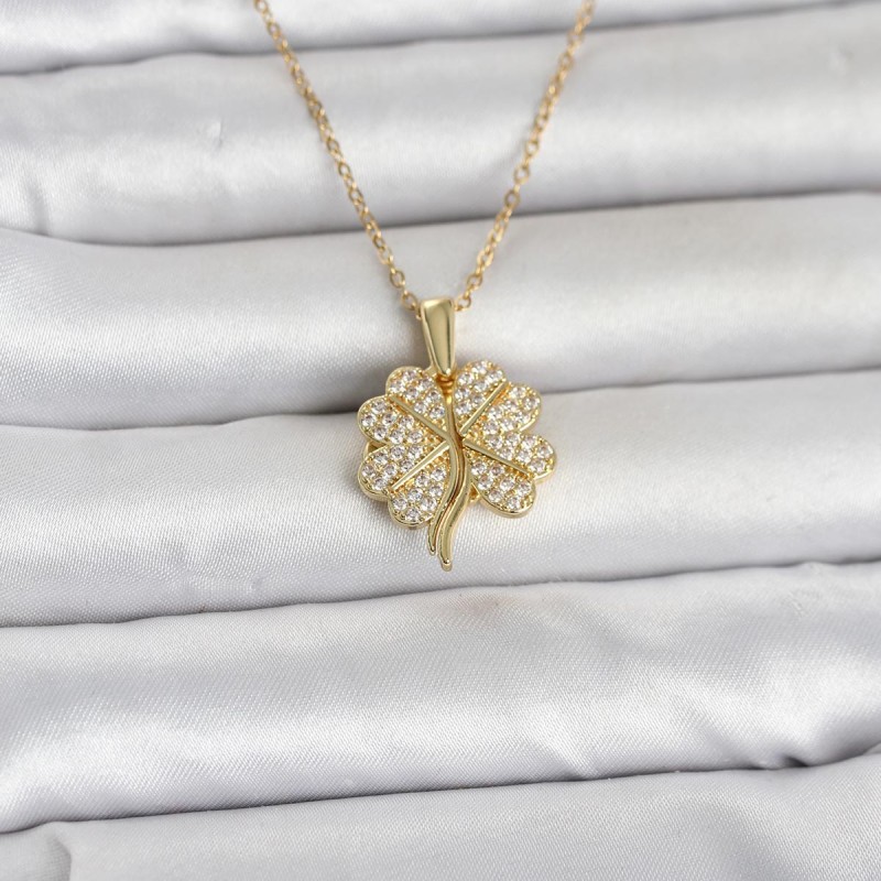 316L Çelik Gold Renk Açılabilir Yonca Model Zirkon Taşlı Kadın Kolye