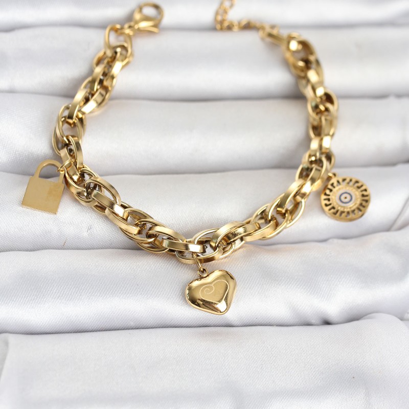 316L Çelik Gold Renk Charmlı Kalın Burgu Model Kadın Bileklik