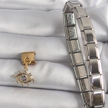 316L Çelik Gold Renk Sallantı Zirkon Taşlı Göz Model Nomination Charm