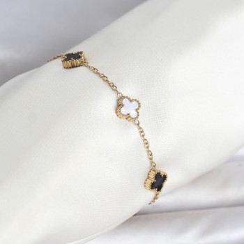 316L Çelik Gold Renk Siyah Beyaz Baby Yonca Model Kadın Bileklik