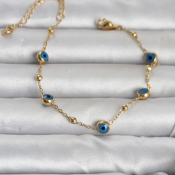 316L Çelik Gold Renk Top Zincirli Nazarlı Kadın Bileklik