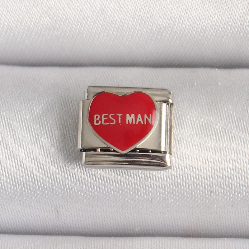 316L Çelik Gümüş Renk 'Best Man' Yazılı Kırmızı Kalp İşlemeli Nomination Charm