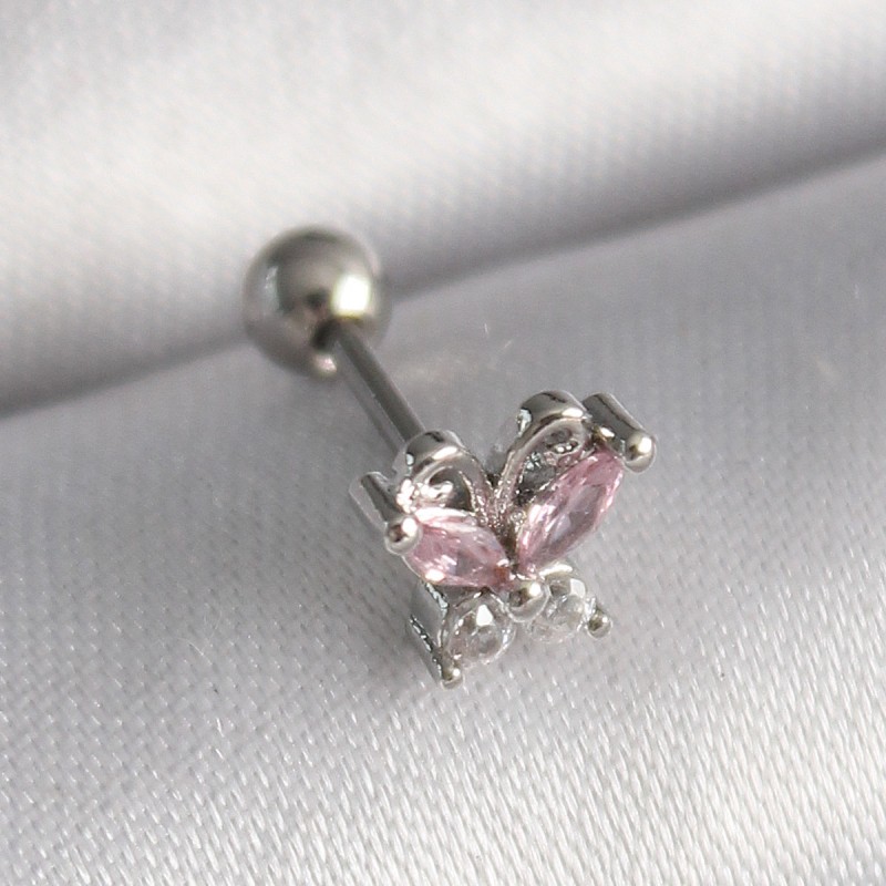316L Çelik Gümüş Renk Pembe Zirkon Taşlı Kelebek Tragus Piercing