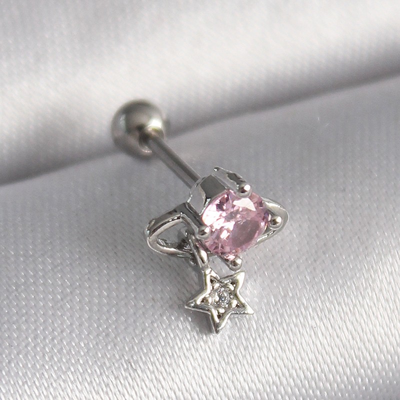 316L Çelik Gümüş Renk Pembe Zirkon Taşlı Sallantı Yıldız Detay Tragus Piercing