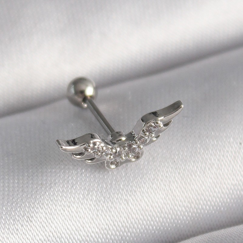 316L Çelik Gümüş Renk Zirkon Taş Detay Kanat Model Tragus Piercing