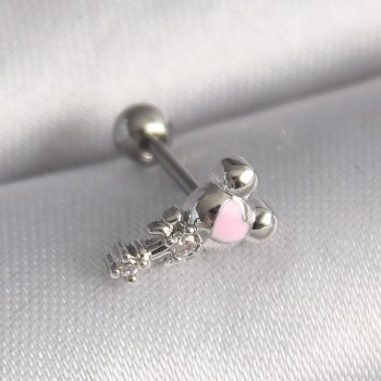 316L Çelik Gümüş Renk Zirkon Taş Detay Pembe Kalp İşleme Tragus Piercing