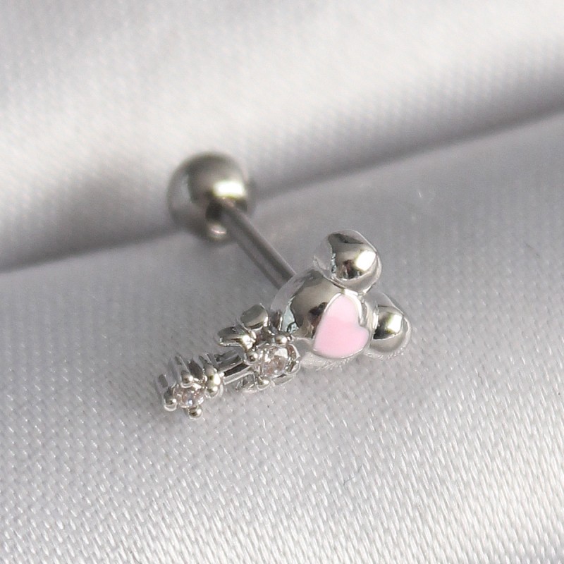 316L Çelik Gümüş Renk Zirkon Taş Detay Pembe Kalp İşleme Tragus Piercing