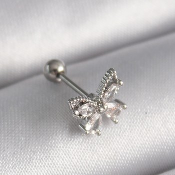 316L Çelik Gümüş Renk Zirkon Taşlı Kelebek Tragus Piercing