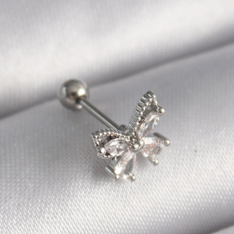 316L Çelik Gümüş Renk Zirkon Taşlı Kelebek Tragus Piercing