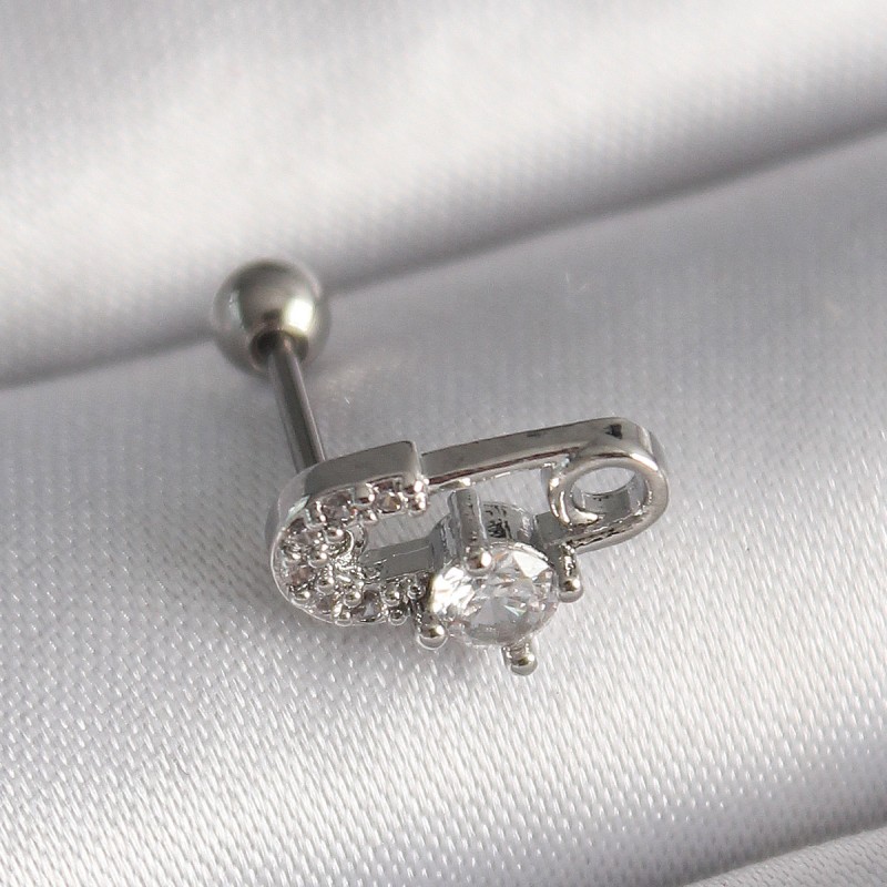 316L Çelik Gümüş Renk Zirkon Taşlı Toplu İğne Tragus Piercing