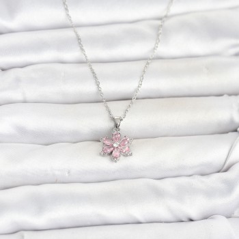 316L Çelik Zincir Gümüş Renk Pembe Zirkon Taşlı Lotus Model Kadın Kolye