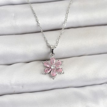 316L Çelik Zincir Gümüş Renk Pembe Zirkon Taşlı Lotus Model Kadın Kolye