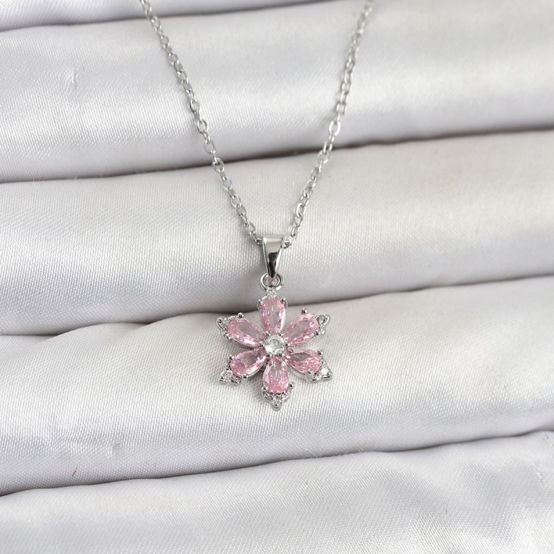 316L Çelik Zincir Gümüş Renk Pembe Zirkon Taşlı Lotus Model Kadın Kolye