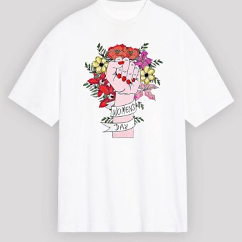 8 Mart Dünya Kadınlar Günü Baskılı Oversize Bisiklet Yaka T-shirt - Beyaz