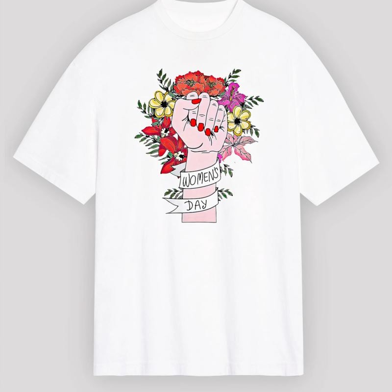 8 Mart Dünya Kadınlar Günü Baskılı Oversize Bisiklet Yaka T-shirt - Beyaz