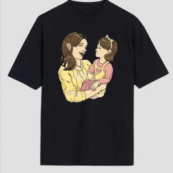 Anneler Günü Hediye Anne Kız Temalı Baskılı Oversize Bisiklet Yaka T-shirt - Siyah