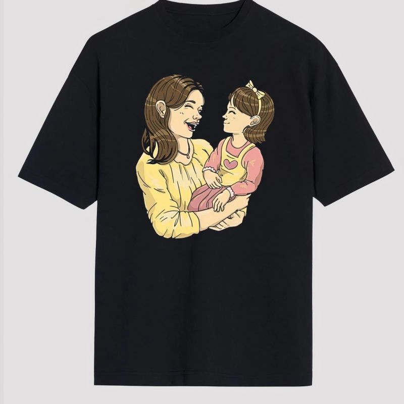 Anneler Günü Hediye Anne Kız Temalı Baskılı Oversize Bisiklet Yaka T-shirt - Siyah