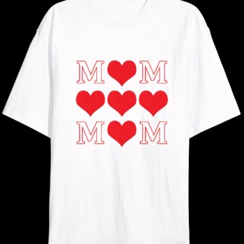Anneler Günü Hediye MOM Kalp Baskılı Oversize Bisiklet Yaka T-shirt - Beyaz