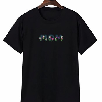 Anneler Günü Mom Çiçek Temalı Baskılı Oversize Bisiklet Yaka T-shirt - Siyah