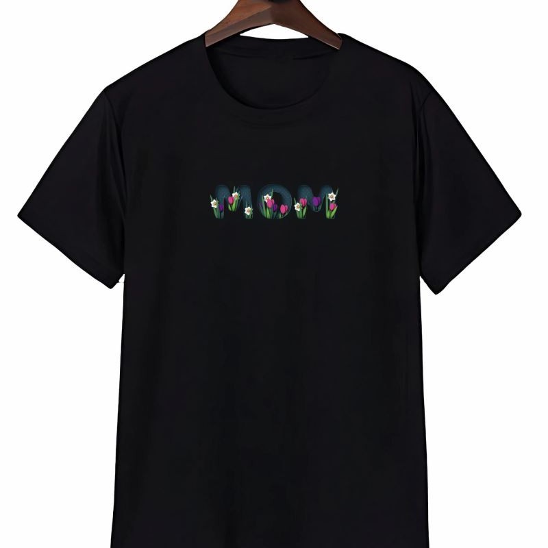 Anneler Günü Mom Çiçek Temalı Baskılı Oversize Bisiklet Yaka T-shirt - Siyah
