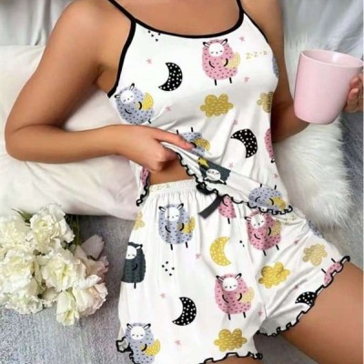 Arias Closet Beyaz Üstüne Desenli İnce Askılı Şortlu Pijama Takımı