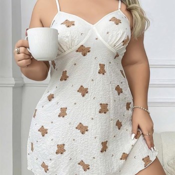 Arias Closet Büyük Beden Ayıcık Desenli İnce Askılı Mini Gecelik