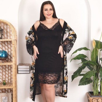 Arias Closet Büyük Beden Çiçek Desenli Dantel İşlemeli 2'Li Viskon Siyah Gecelik Sabahlık Takımı