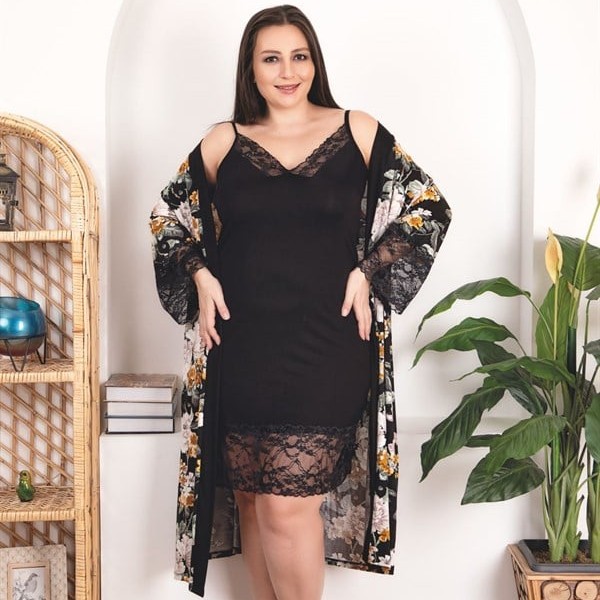 Arias Closet Büyük Beden Çiçek Desenli Dantel İşlemeli 2'Li Viskon Siyah Gecelik Sabahlık Takımı