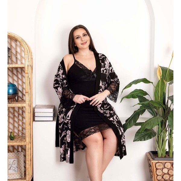 Arias Closet Büyük Beden Çiçek Desenli Dantel İşlemeli Siyah 2'Li Gecelik Sabahlık Takımı