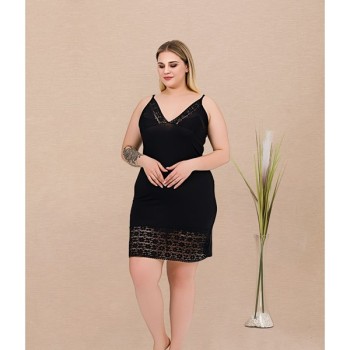 Arias Closet Büyük Beden Çizgi Desenli Dantel İşlemeli 2'Li Viskon Siyah Gecelik Sabahlık Takımı