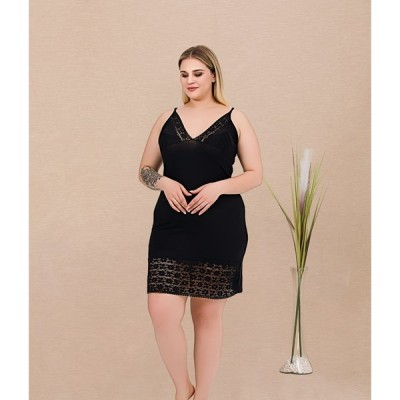Arias Closet Büyük Beden Çizgi Desenli Dantel İşlemeli 2'Li Viskon Siyah Gecelik Sabahlık Takımı